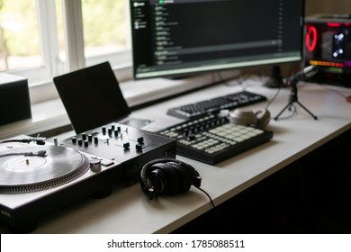 Small Music Production Studio Equipment Close Up, Record Player, Midi Drum Pad Mixer And Microphone 