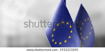 Small national flags of the European Union on a light blurry background