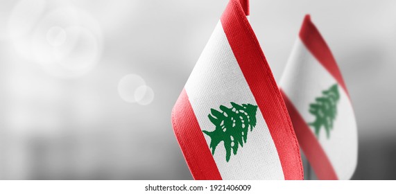Small national flags of the Lebanon on a light blurry background