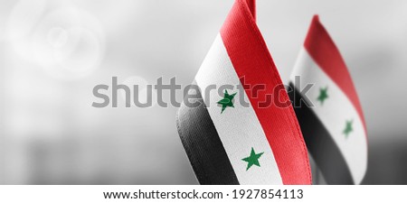 Small national flags of the Syria on a light blurry background