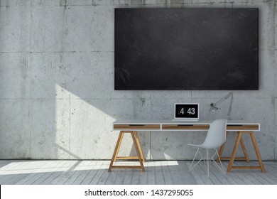 Small Neat Minimalist Monochromatic Grey Office With Blank Cleaned Chalkboard Above A Modern Desk And Chair With Digital Clock