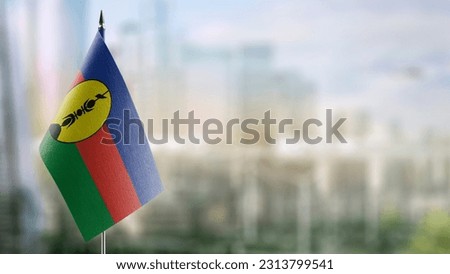 A small New Caledonia flag on an abstract blurry background.