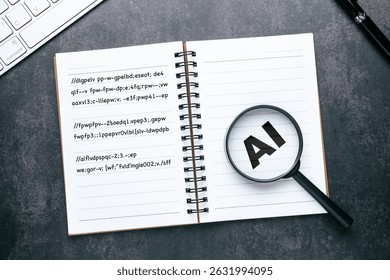 A small notebook with random text and a magnifying glass with AI letters, the idea of ​​finding and checking information with AI, prompt writing