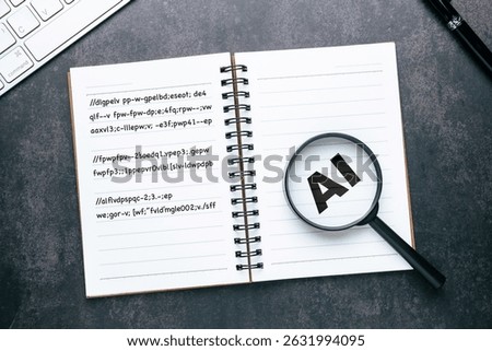 A small notebook with random text and a magnifying glass with AI letters, the idea of ​​finding and checking information with AI, prompt writing