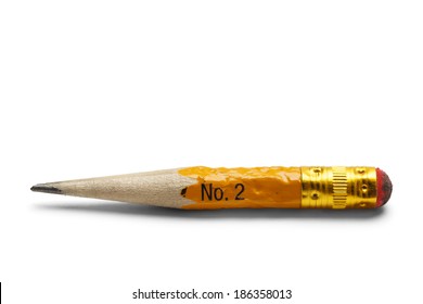 Small Number Two Pencil with Worn Eraser and White Marks Isolated on White Background.