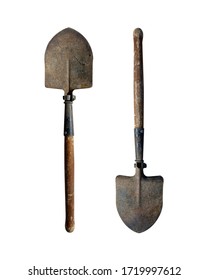 Small Old Folding Shovel On A White Isolated Background