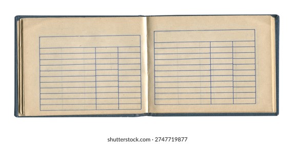 small old panoramic format notebook with vintage yellow brown paper cloth cover and empty spreadsheet accounting charts inside open and isolated on white