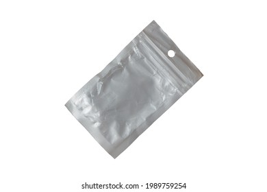 Small Opaque Crumpled Silver Plastic Zip Lock Bag Isolated On White Background