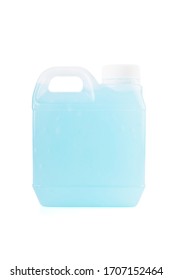 Small, Opaque White Gallon With Handle. Inside Is An Blue Alcohol Gel For Hand Washing And Sanitizing. Isolated On White Background.