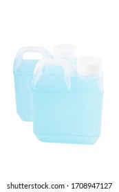 Small, Opaque White Gallon With Handle. Inside Is An Blue Alcohol Gel For Hand Washing And Sanitizing. Isolated On White Background.