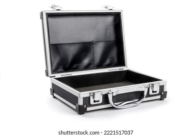 A small open black equipment case with latches isolated on white