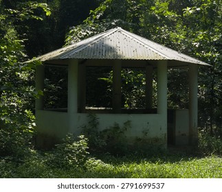 Small open gazebo structure surrounded by lush green trees