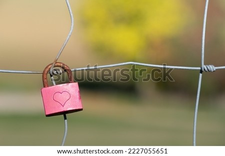 A small padlock hangs on a wire fence. The padlock is closed. The color is pink. A heart is engraved on the lock. The metal bracket is rusty. In the background washed out green landscape.