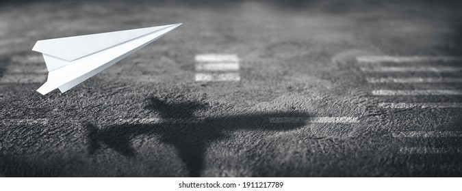 Small Paper Airplane With Shadow Of Big Jet Taking Off On Runway - Entrepreneur - Think Big Concept