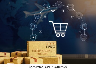 Small paper boxes on notebook with a plane flies behind. An ideas about transportation, international freight, global shipping, overseas trade, regional, or local forwarding.