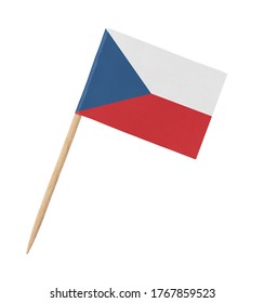 Small Paper Flag Of The Czech Republic On Wooden Stick, Isolated On White