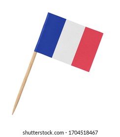 Small Paper French Flag On Wooden Stick, Isolated On White