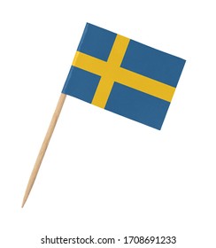 Small paper Swedish flag on wooden stick, isolated on white