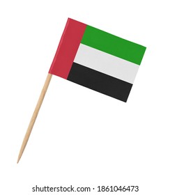 Small Paper UAE Flag On Wooden Stick, Isolated On White