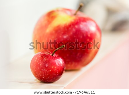A small paradise apple on a background of a large apple. Mom with a child. Big and small, compare