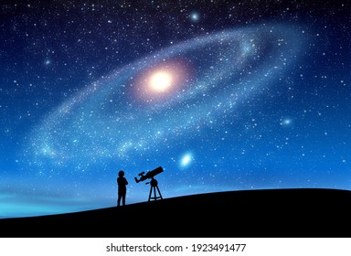 A small person observing the immensity of the universe and the stars with a telescope