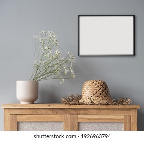 Small Picture Frame Mockup On Gray Wall. Artwork In Modern Interior Design. Empty White Copy Space For Artwork Showcase.