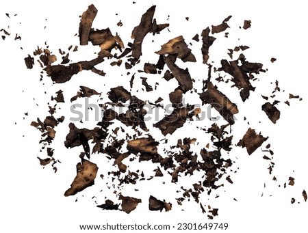 Small pieces of burnt paper on a white background. Ash. burnt paper
