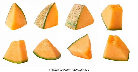 small pieces of cantaloupe melon isolated on white background.
