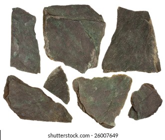 Small Pieces Of Flat, Gray, Fine-grained, Foliated Slate Rock, Purple And Green Tint, Sharp Edges,  Isolated On White