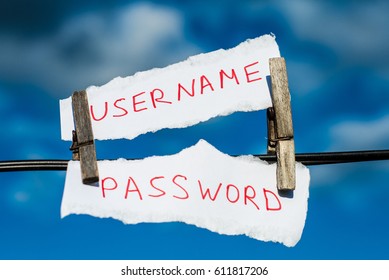 Small pieces of paper hang on wooden linen clothes pegs. Paper with the words "username and password"
