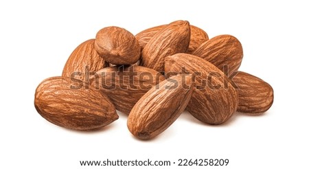 Small pile of almonds isolated on white background. Close-up. Package design element with clipping path