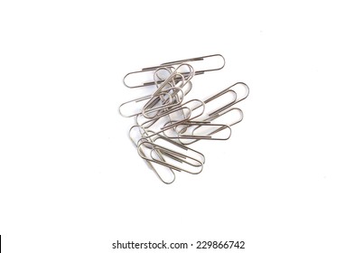 Small Pile Of Paper Clips. Silver Design On White Background.