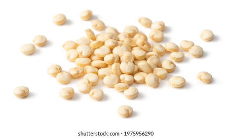 A small pile of raw white quinoa isolated on white background