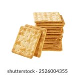 Small pile of saltine or square soda crackers isolated on white background. soup crackers isolated. Wheat water crackers isolated.