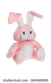 Small pink rabbit toy  isolated at white background. Stuffed puppet animal.