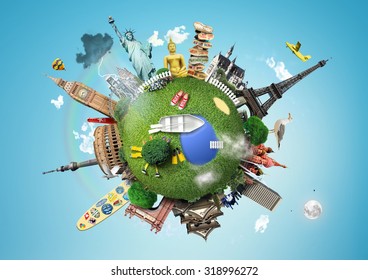 Small planet with landmarks around the world