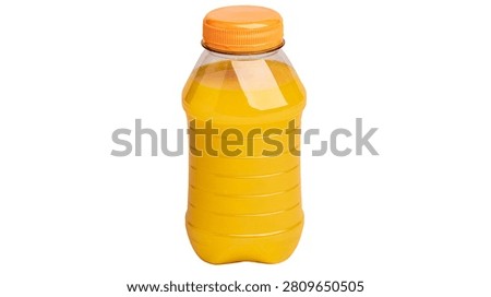 Small plastic bottle filled with fresh orange juice and orange screw cap