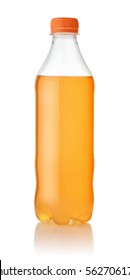 Small Plastic Bottle Of Orange Soda Isolated On White