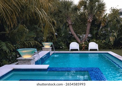 Small pool oasis surrounded by a lush, tropical landscape at sunset.