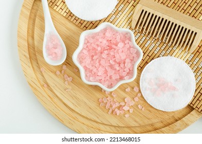 Small Porcelain Bowl With Pink  Himalayan Crystal Bath Salt (foot Soak). Homemade Spa And Beauty Recipe.