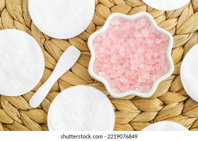 Small Porcelain Bowl With Pink Himalayan Crystal Bath Salt (foot Soak). Homemade Spa And Beauty Recipe.