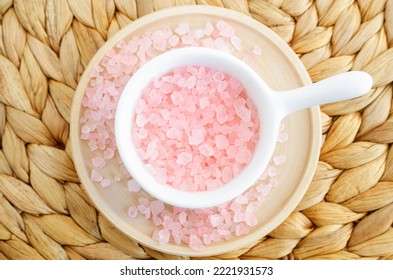 Small Porcelain Bowl With Pink Himalayan Crystal Bath Salt (foot Soak). Homemade Spa And Beauty Recipe.