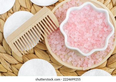 Small Porcelain Bowl With Pink Himalayan Crystal Bath Salt (foot Soak) And Wooden Hairbrush. Homemade Spa And Beauty Recipe.