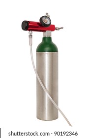 Small Portable Oxygen Cylinder For Mobile Emphysema Patients, Also Used To Treat COPD And Asthma. Isolated On White With A Clipping Path.