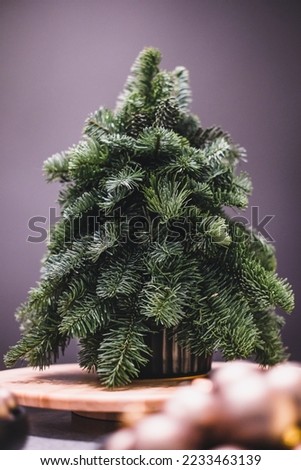 Small portable tabletop easy DIY decorated Christmass tree. Defocused