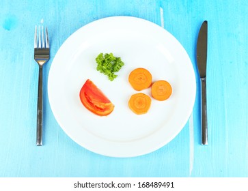Small Portion Of Food On Big Plate On Wooden Table Close-up