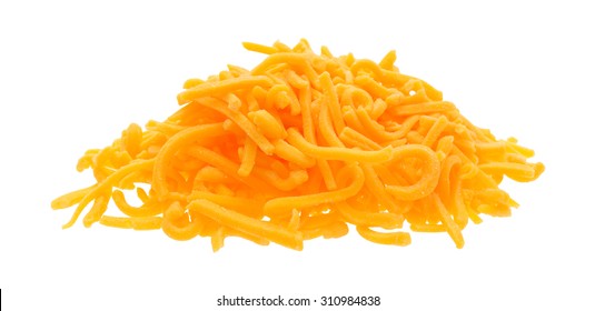 A Small Portion Of Shredded Sharp Cheddar Cheese Isolated On A White Background.