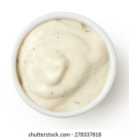 Small Pot Of Garlic Mayonnaise, Isolated, Detail, From Above.