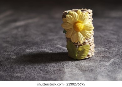 Small Potted Plants And Yellow Sunflowers Placed On A Gray Prom Suitable For Insert Text, Adsense, Wallpaper Or Backdrop .