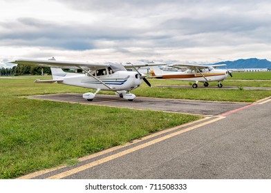 Small private Cessna 172 Aircrafts parked at the small Venegono airport, province of Varese, Italy